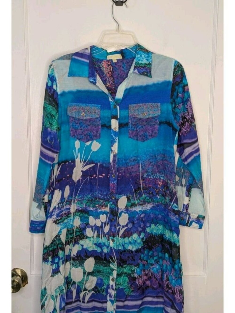 Petanu by Pashma Cotton Silk Shirt Dress Sz Medium Floral Landscape Tunic Art